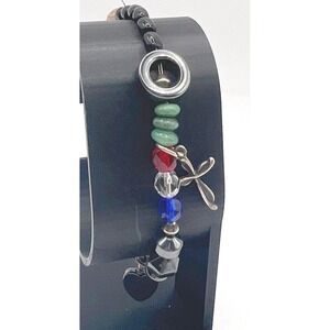 Mixed Media Charm Bracelet 8" Cross Star Hematite Heart Beads Boho Eclectic